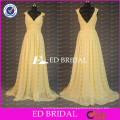 China Custom Made Cap Sleeve V Neck Backless Long Chiffon Light Yellow Bridesmaid Dress